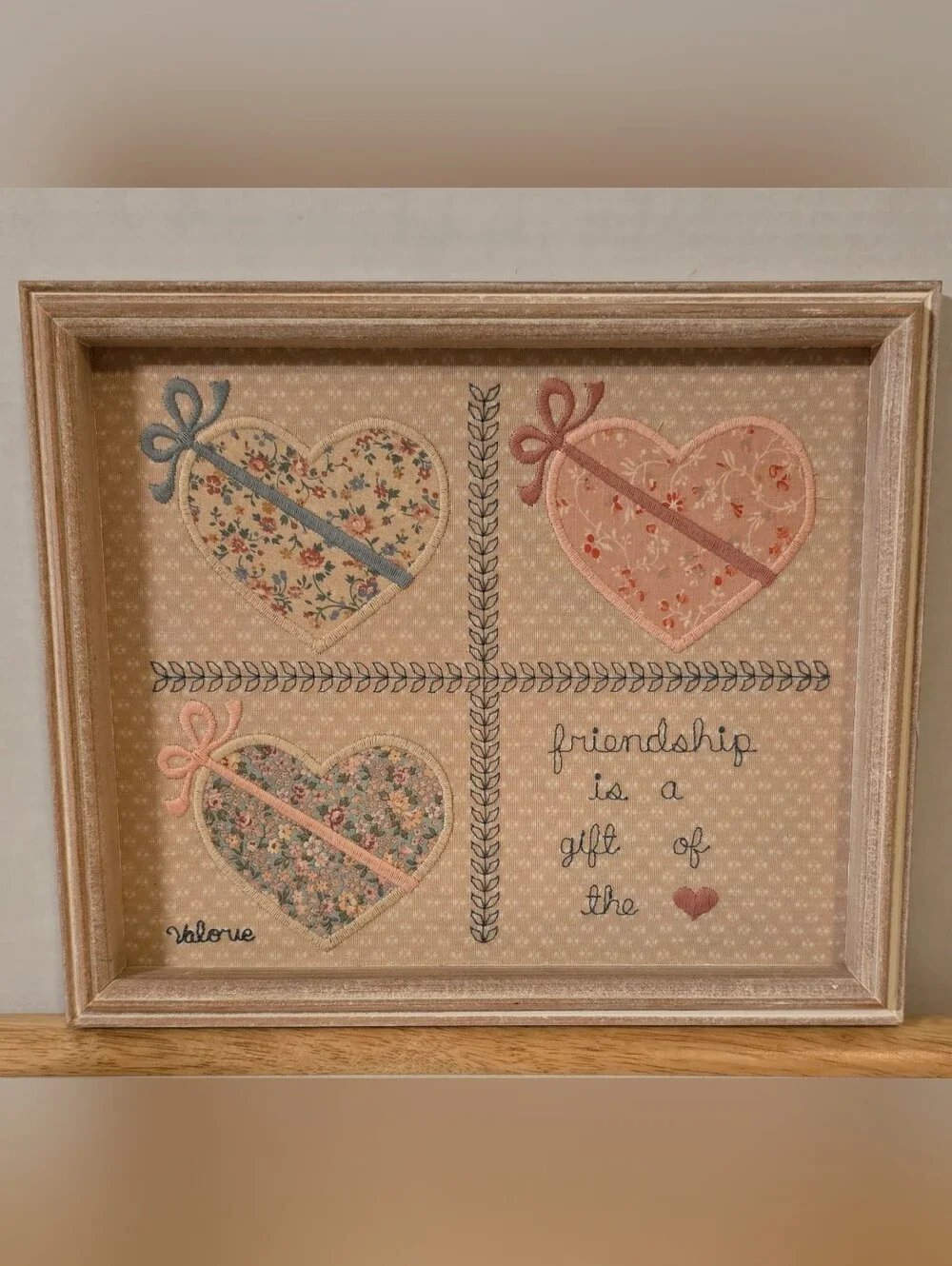 Vintage Valorie Sockwell Folk Art Applique Framed Friendship Hearts Wall Decor